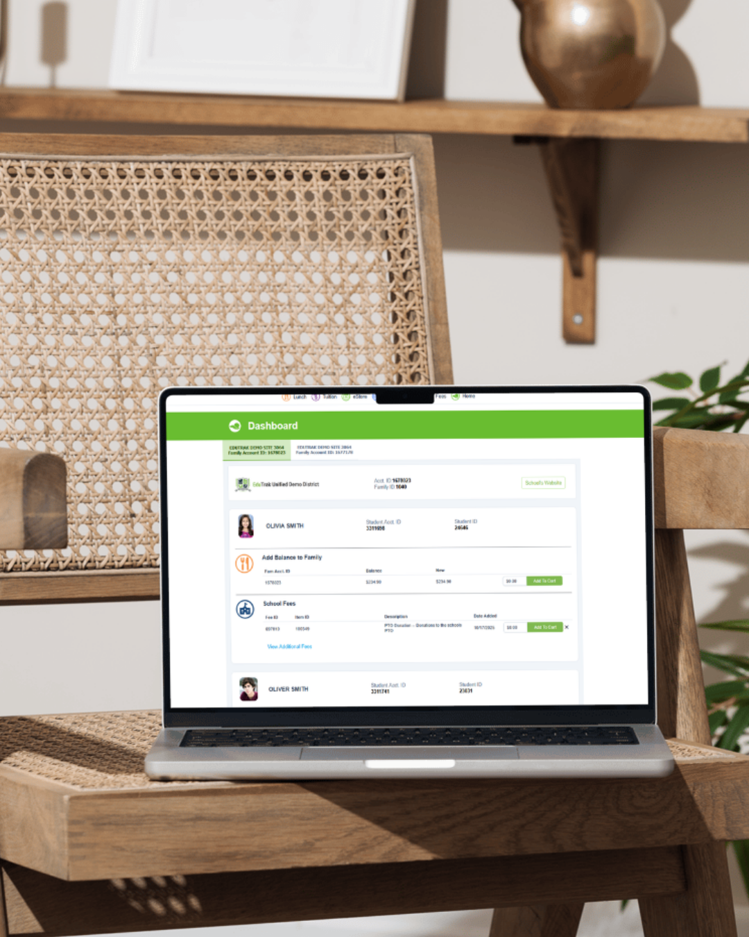 EduTrak parent portal dashboard on laptop