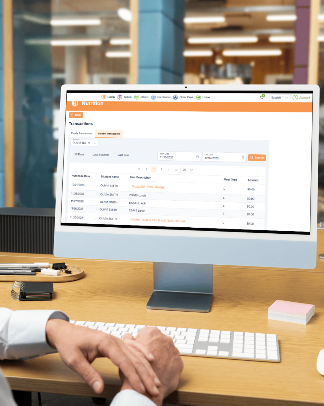 Nutrition and transaction history in parent portal