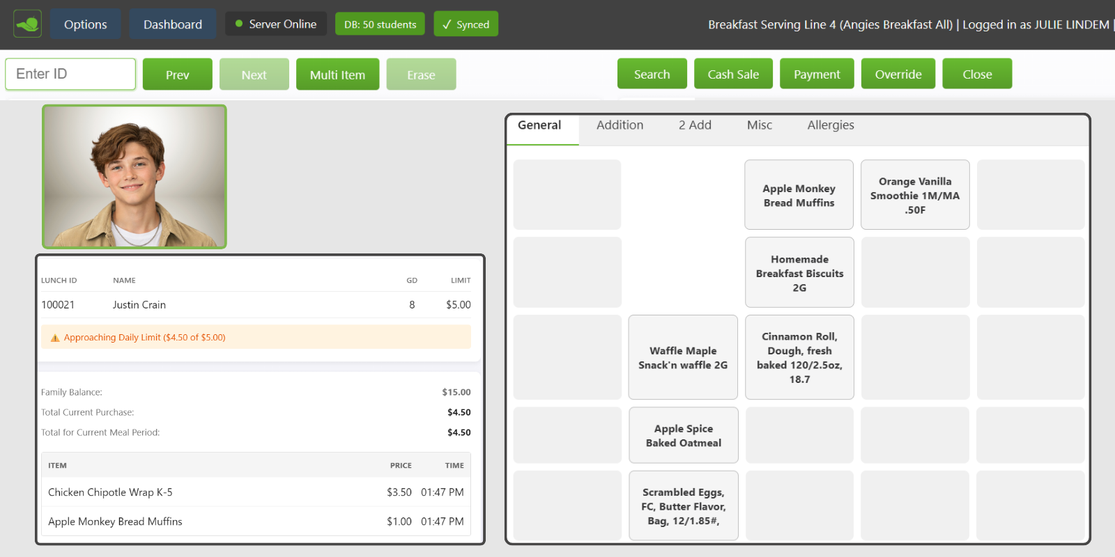 EduTrak POS menu