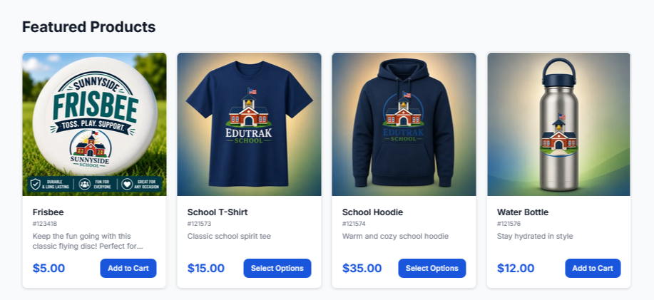 eStore featured products grid showing spirit wear items