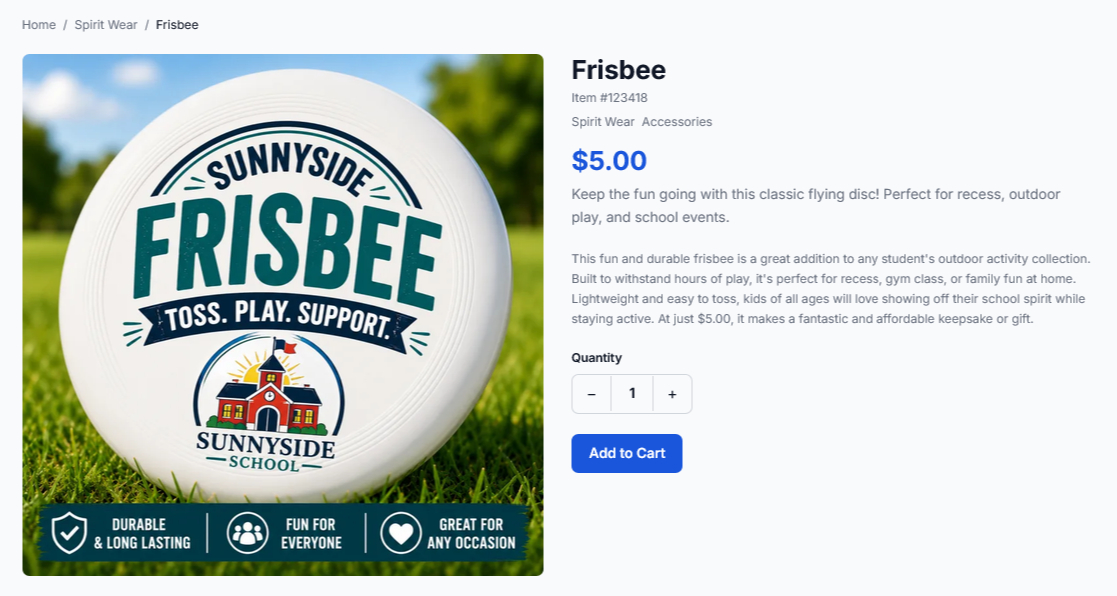 eStore product detail page for a Frisbee item