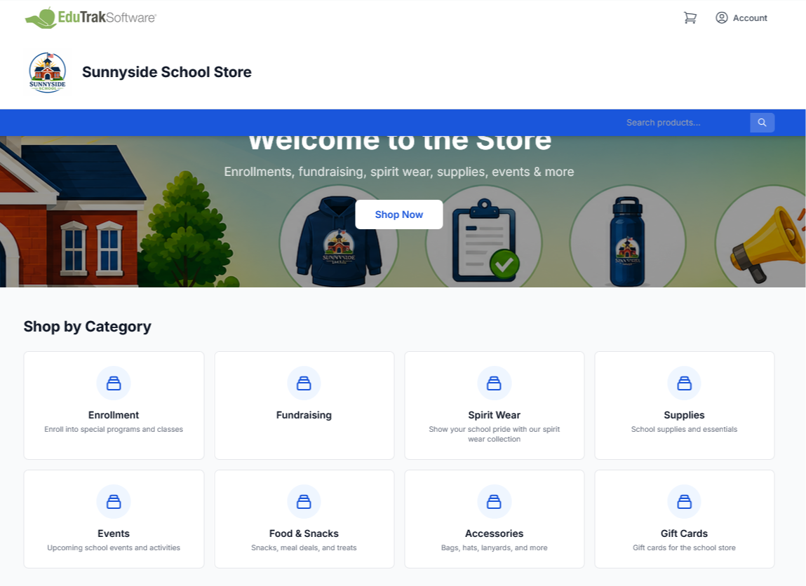 eStore branded school storefront with category tiles
